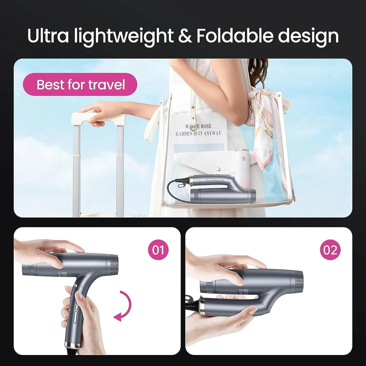 Garvee Sèche-Cheveux Professionnel 1500 W avec Moteur Sans Balais, Double Ionisation, 12 Réglages, Pliable, Ultra-Silencieux et Embout Magnétique, pour Maison, Salon et Voyage