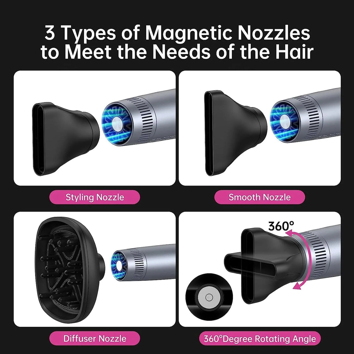 Garvee Sèche-Cheveux Professionnel 1500 W avec Moteur Sans Balais, Double Ionisation, 12 Réglages, Pliable, Ultra-Silencieux et Embout Magnétique, pour Maison, Salon et Voyage