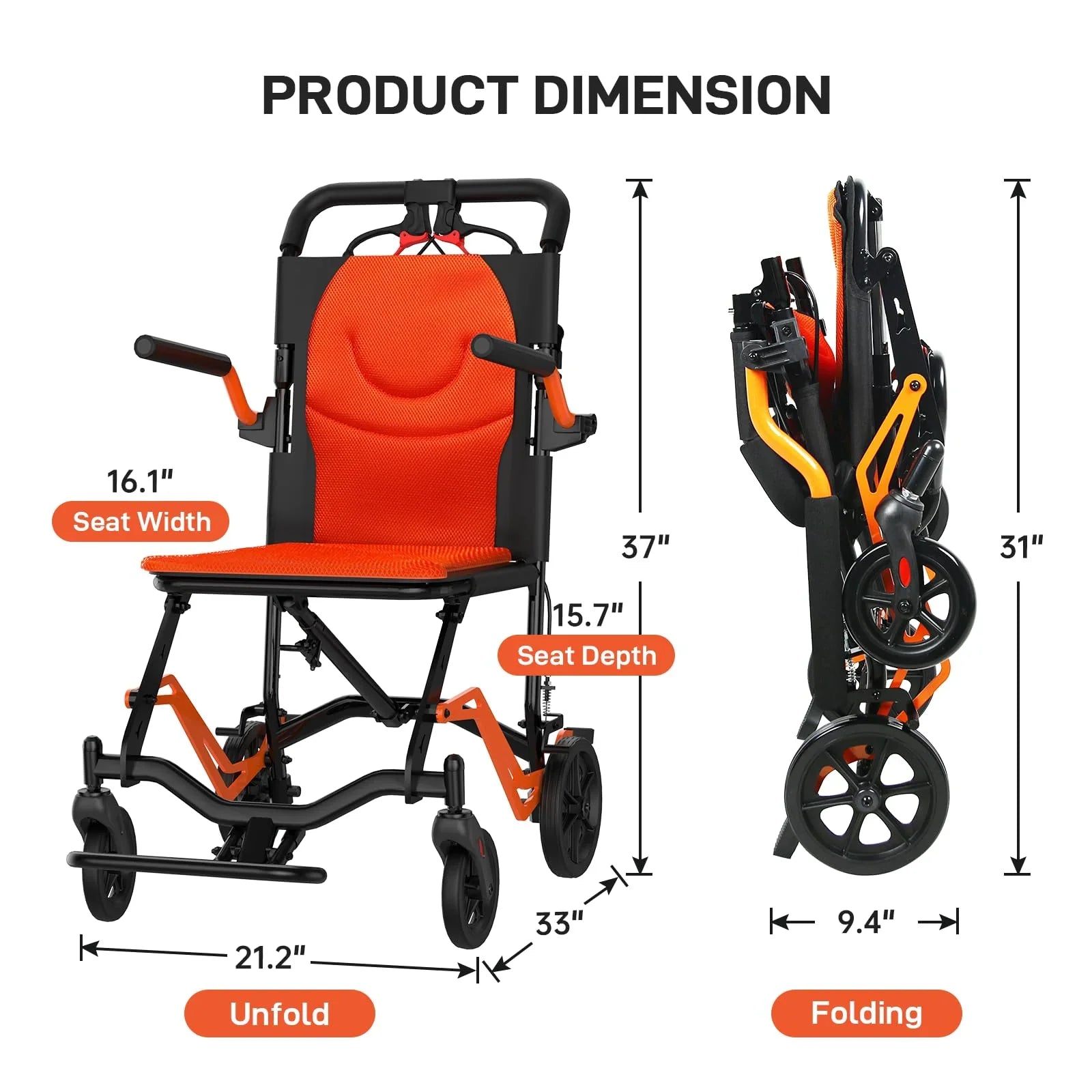 Garvee Fauteuil Roulant de Transfert Pliant et Léger en Aluminium, Freins Verrouillables, Accoudoirs Amovibles et Repose-Pieds Escamotables, Capacité de Charge jusqu'à 100 kg, pour Intérieur et Extérieur