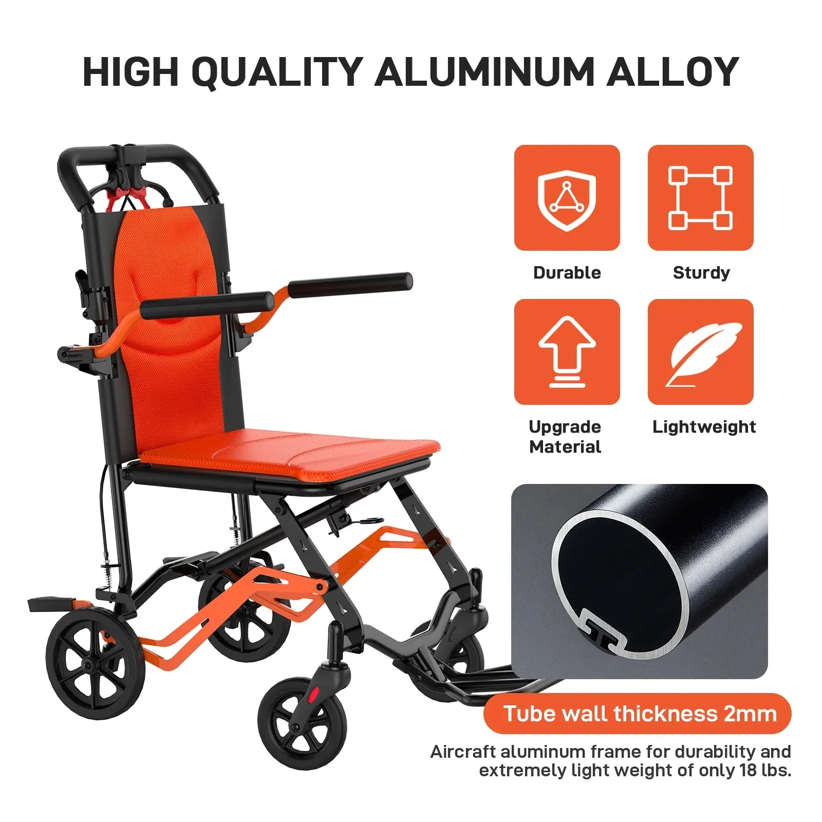 Garvee Fauteuil Roulant de Transfert Pliant et Léger en Aluminium, Freins Verrouillables, Accoudoirs Amovibles et Repose-Pieds Escamotables, Capacité de Charge jusqu'à 100 kg, pour Intérieur et Extérieur