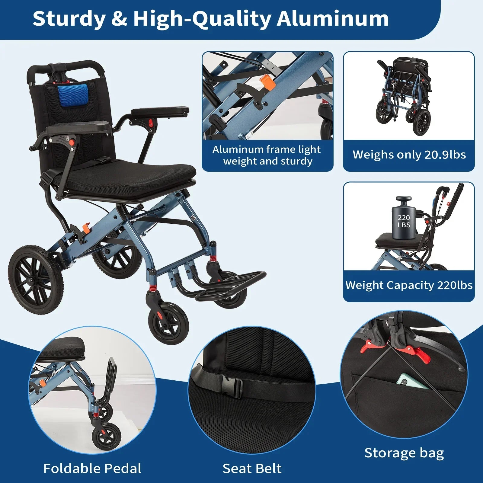 Garvee Fauteuil Roulant Pliant Ultraléger et Portable, Freins à Main, Capacité jusqu'à 100 kg, Compact et Peu Encombrant, pour Seniors et Enfants
