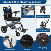 Garvee Fauteuil Roulant Pliant Ultraléger et Portable, Freins à Main, Capacité jusqu'à 100 kg, Compact et Peu Encombrant, pour Seniors et Enfants
