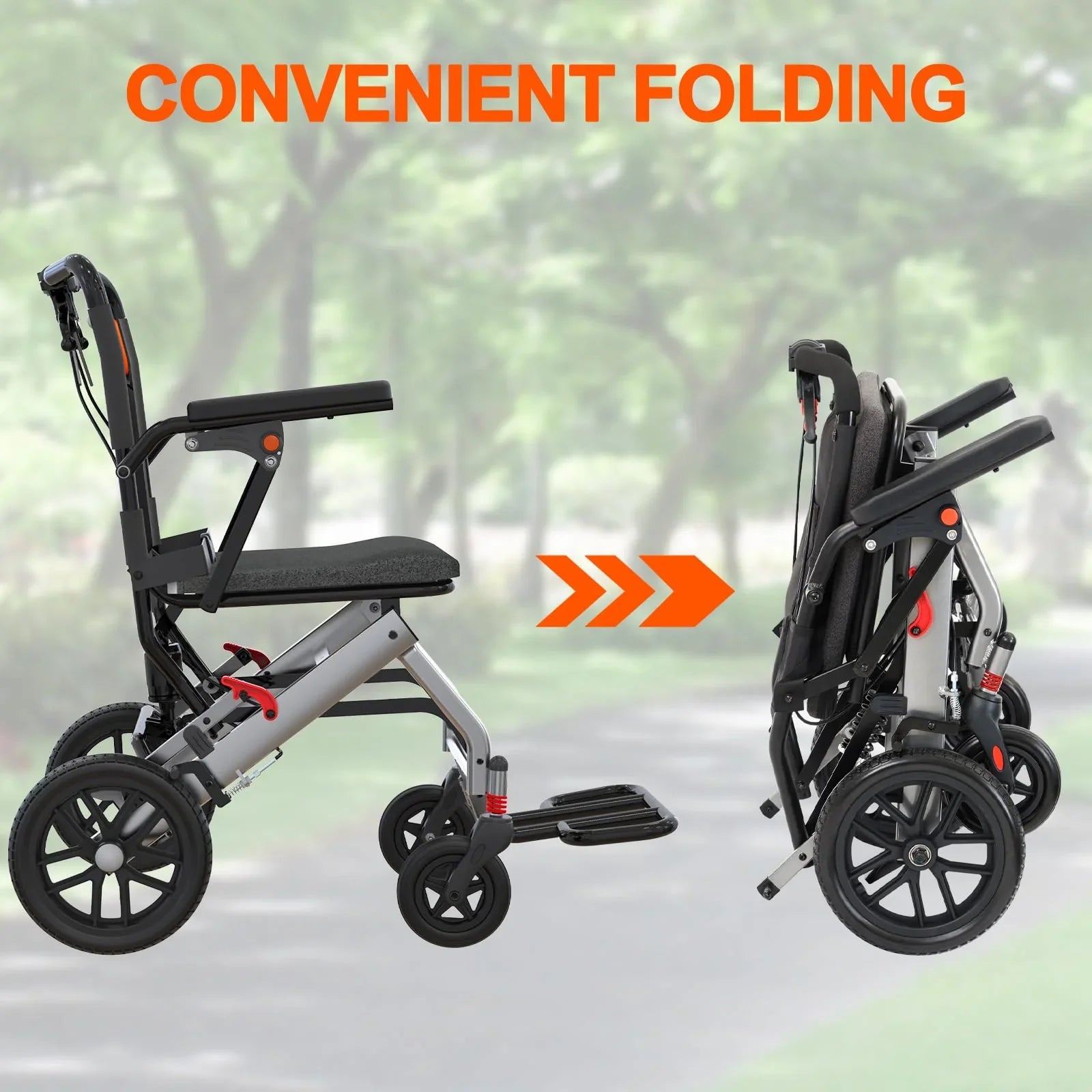 Garvee Fauteuil Roulant de Transfert Pliant et Léger en Aluminium, Accoudoirs Relevables, Freins de Sécurité, pour Seniors, Usage Intérieur et Extérieur
