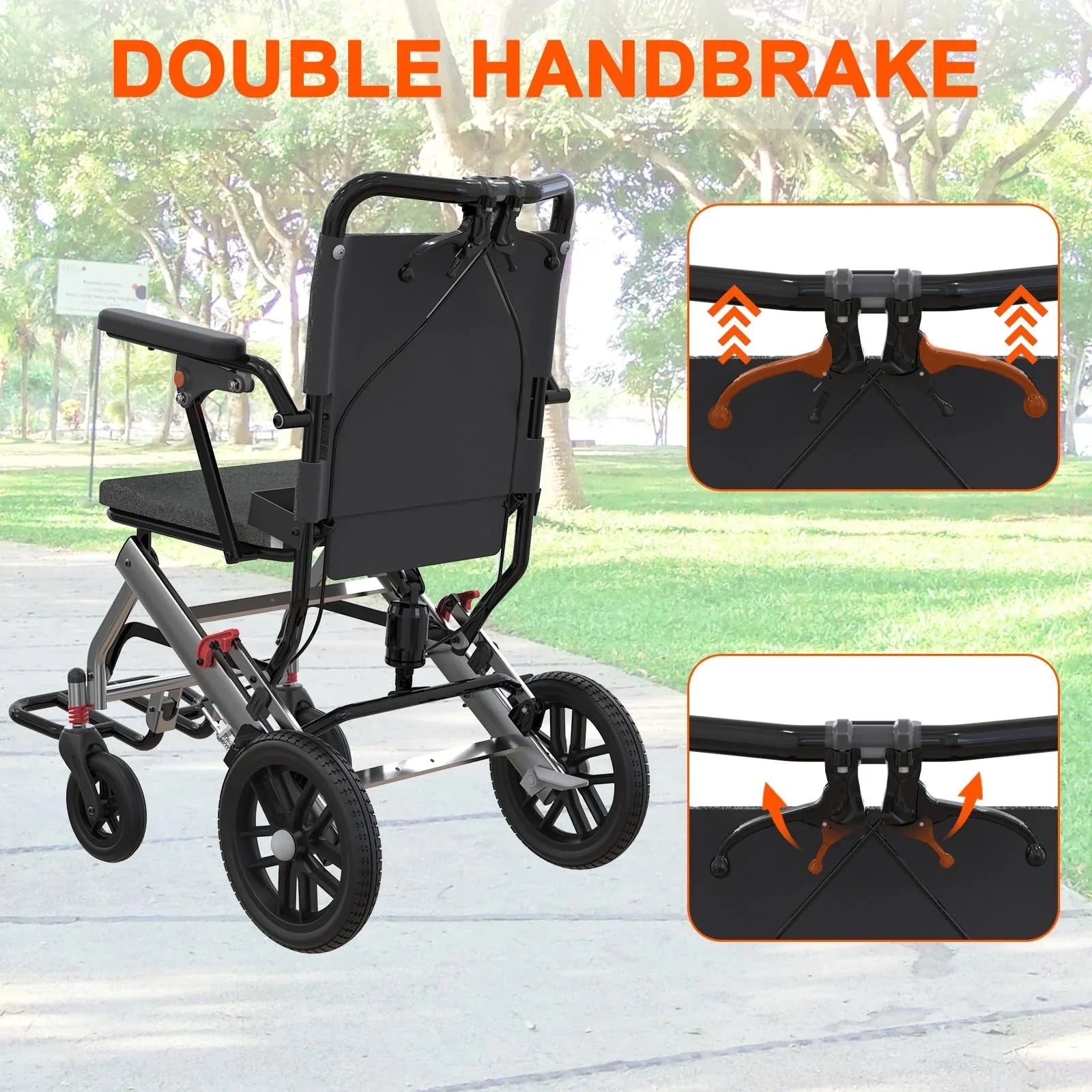 Garvee Fauteuil Roulant de Transfert Pliant et Léger en Aluminium, Accoudoirs Relevables, Freins de Sécurité, pour Seniors, Usage Intérieur et Extérieur