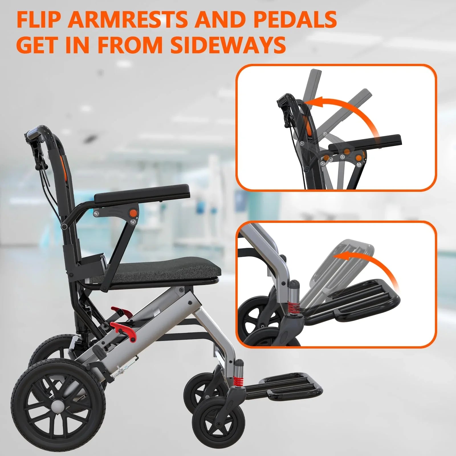 Garvee Fauteuil Roulant de Transfert Pliant et Léger en Aluminium, Accoudoirs Relevables, Freins de Sécurité, pour Seniors, Usage Intérieur et Extérieur