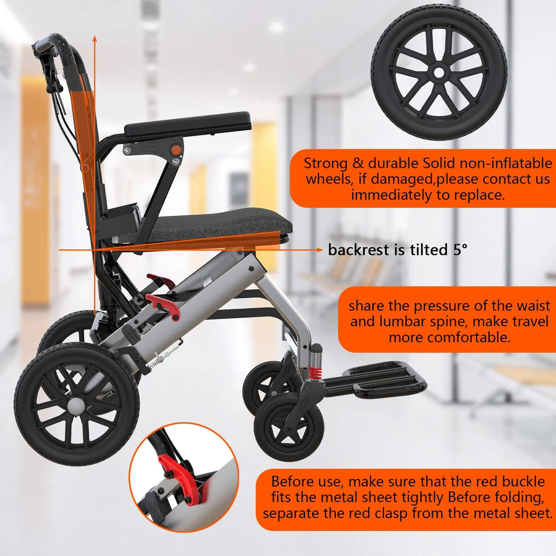 Garvee Fauteuil Roulant de Transfert Pliant et Léger en Aluminium, Accoudoirs Relevables, Freins de Sécurité, pour Seniors, Usage Intérieur et Extérieur