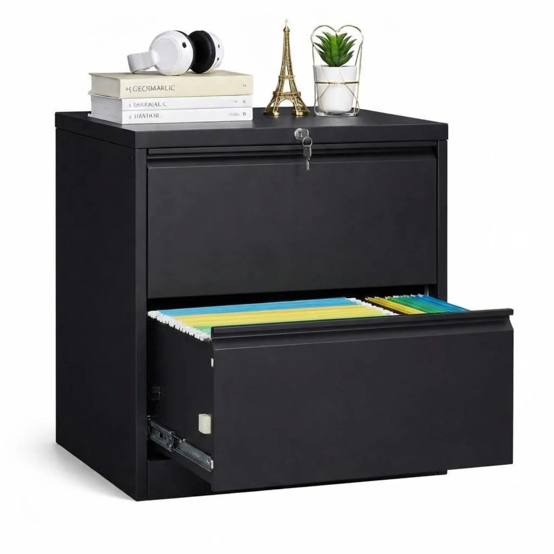 Garvee Classeur Métallique à 2 Tiroirs avec Serrure, Classeur Latéral en Acier pour Bureau à Domicile, pour Dossiers Suspendus Lettre, Légal, F4 et A4, Noir