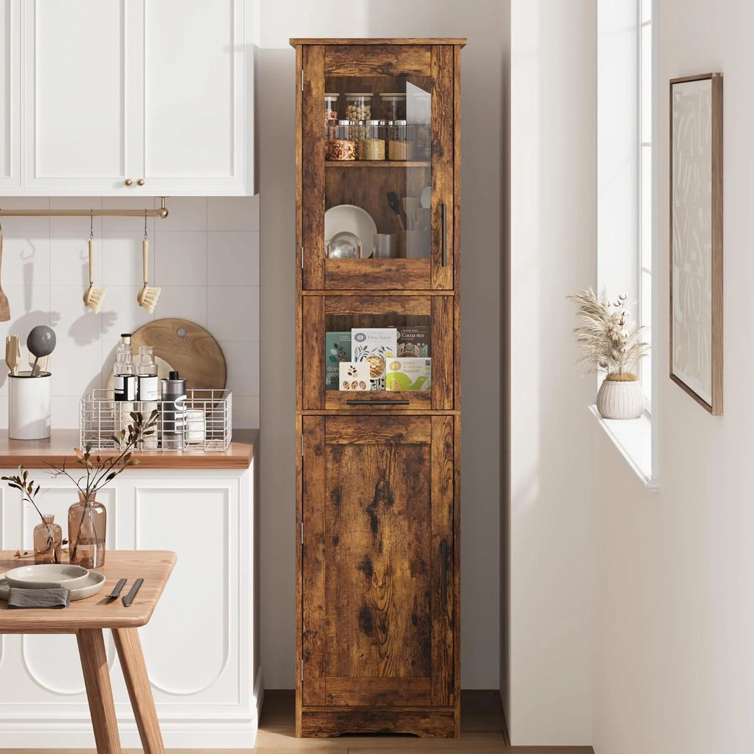 Garvee Meuble de Rangement 170 cm à 2 Portes avec Tiroir et 2 Niveaux de Rangement, Étagères Réglables, Style Rustique Marron