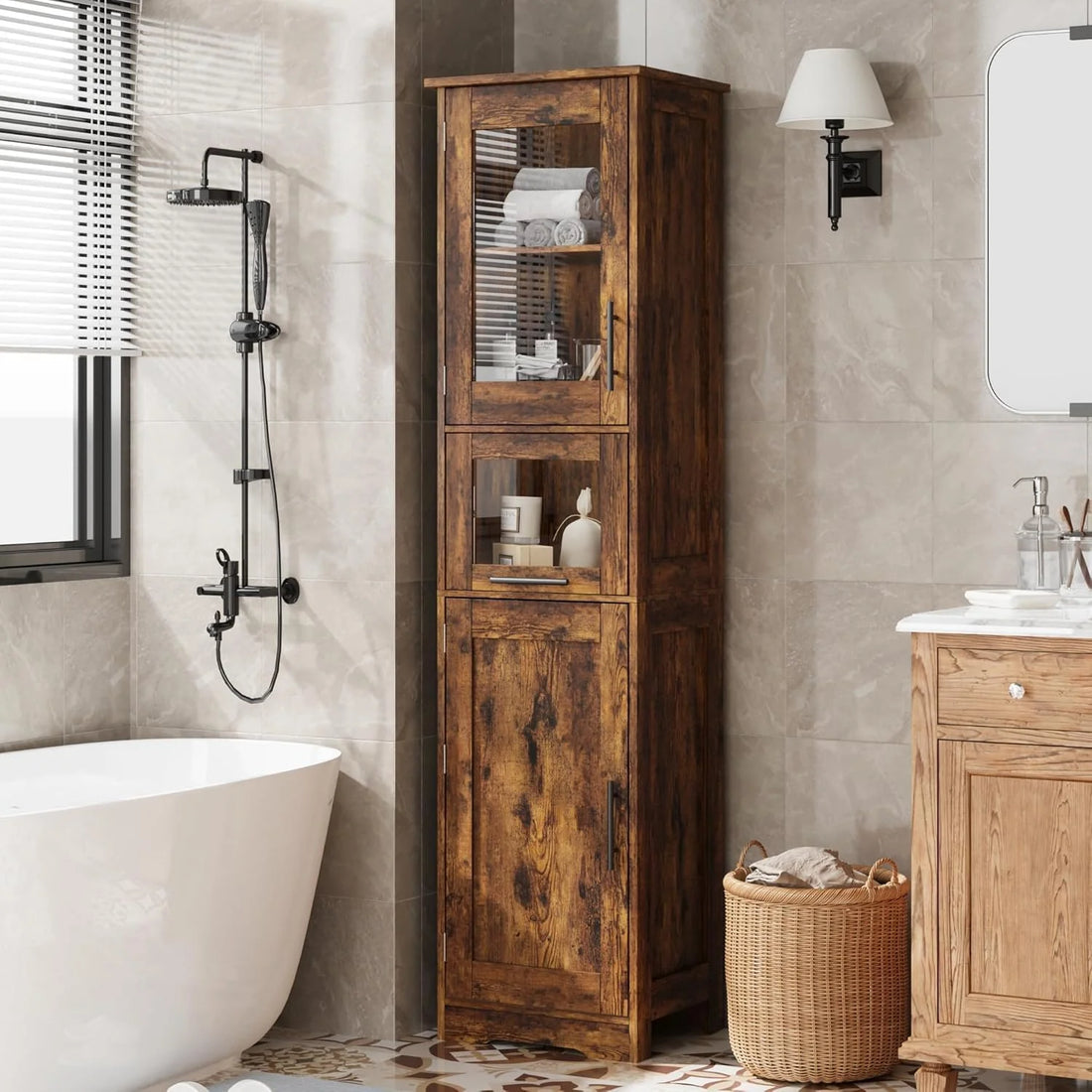 Garvee Meuble de Rangement 170 cm à 2 Portes avec Tiroir et 2 Niveaux de Rangement, Étagères Réglables, Style Rustique Marron