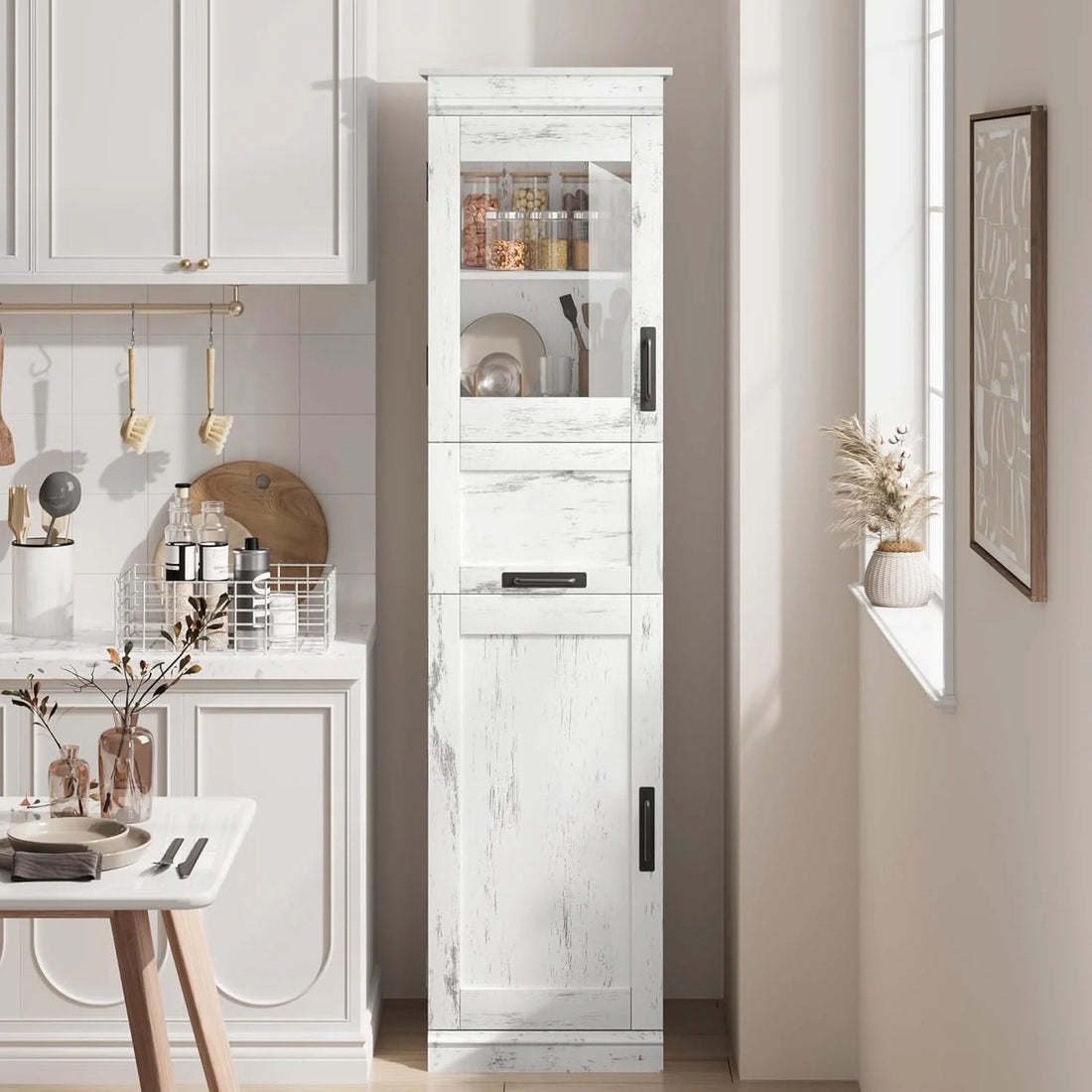 Garvee Meuble de Rangement 170 cm à 2 Portes avec Tiroir et 2 Niveaux de Rangement, Étagères Réglables, Style Rustique Blanc