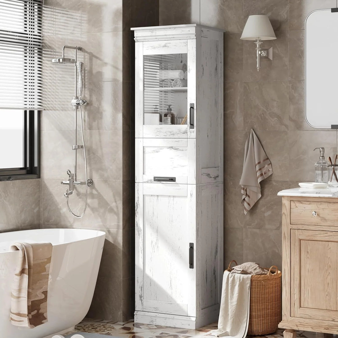Garvee Meuble de Rangement 170 cm à 2 Portes avec Tiroir et 2 Niveaux de Rangement, Étagères Réglables, Style Rustique Blanc