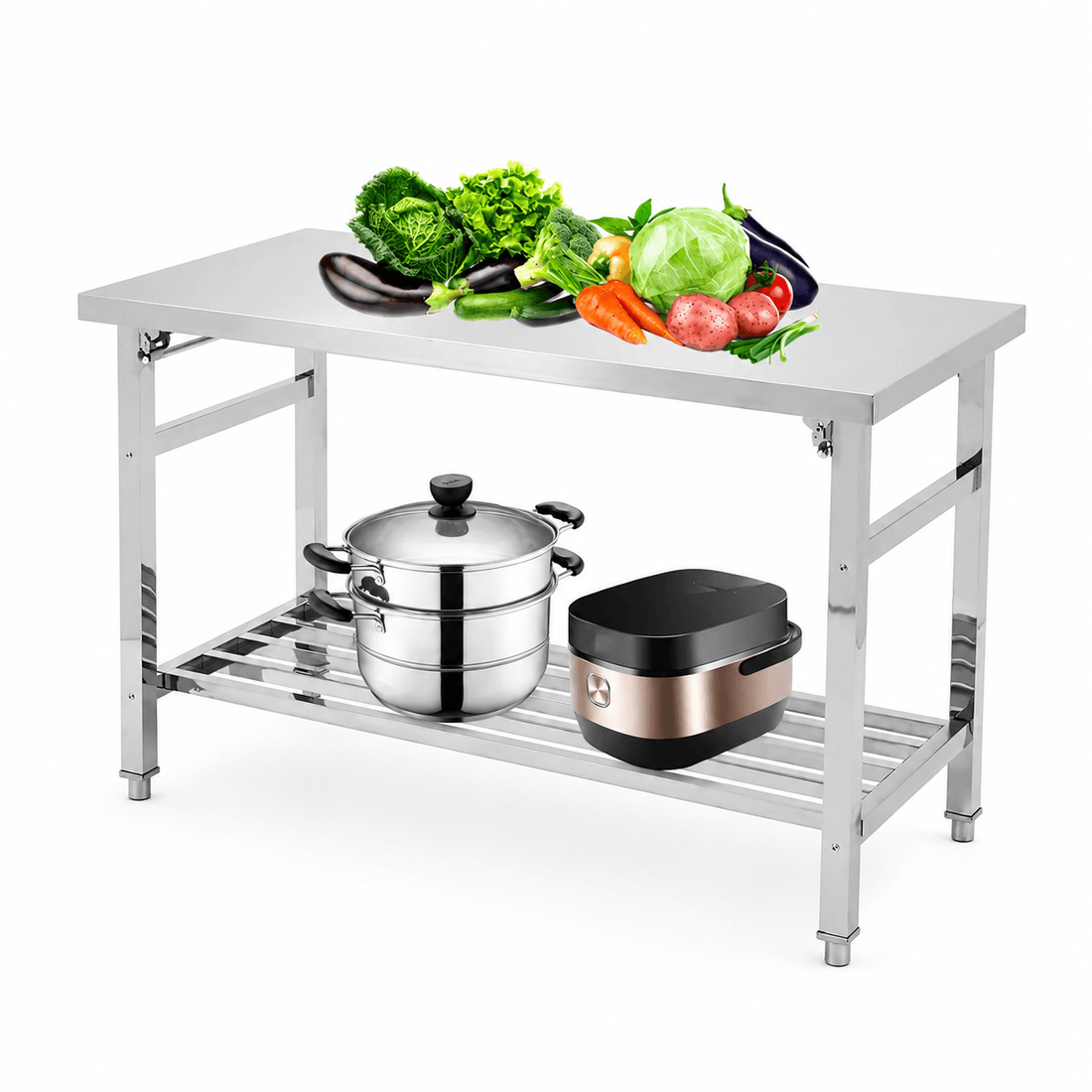 Garvee Table de Travail Pliante en Acier Inoxydable, L. 91 × P. 61 cm, 2 Niveaux avec Étagère Grillagée Réglable, Robuste et Compacte, Sans Roulettes, pour Cuisine, Atelier et Garage