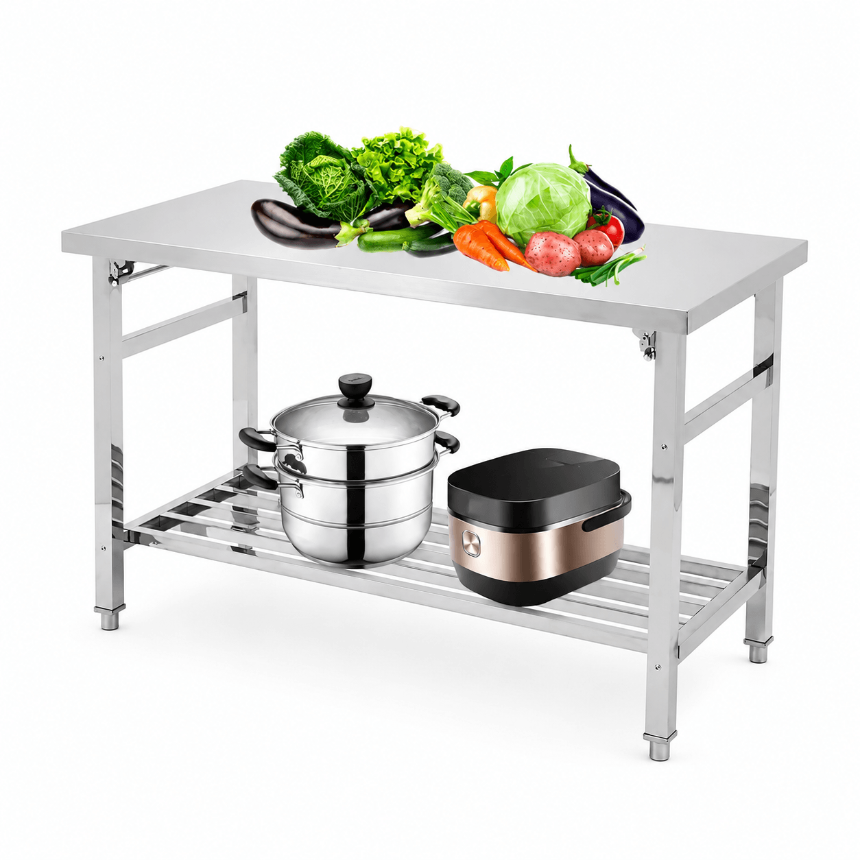 Garvee Table Pliante en Acier Inox 91,4×61 cm, 2 Niveaux, Étagère Réglable, Robuste et Compacte pour Cuisine, Atelier et Garage