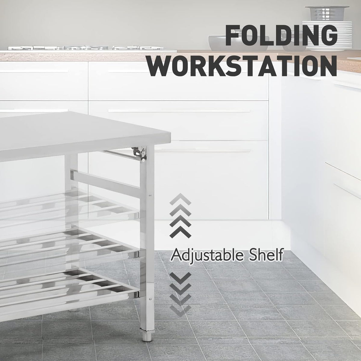Garvee Table Pliante en Acier Inox 91,4×61 cm, 2 Niveaux, Étagère Réglable, Robuste et Compacte pour Cuisine, Atelier et Garage