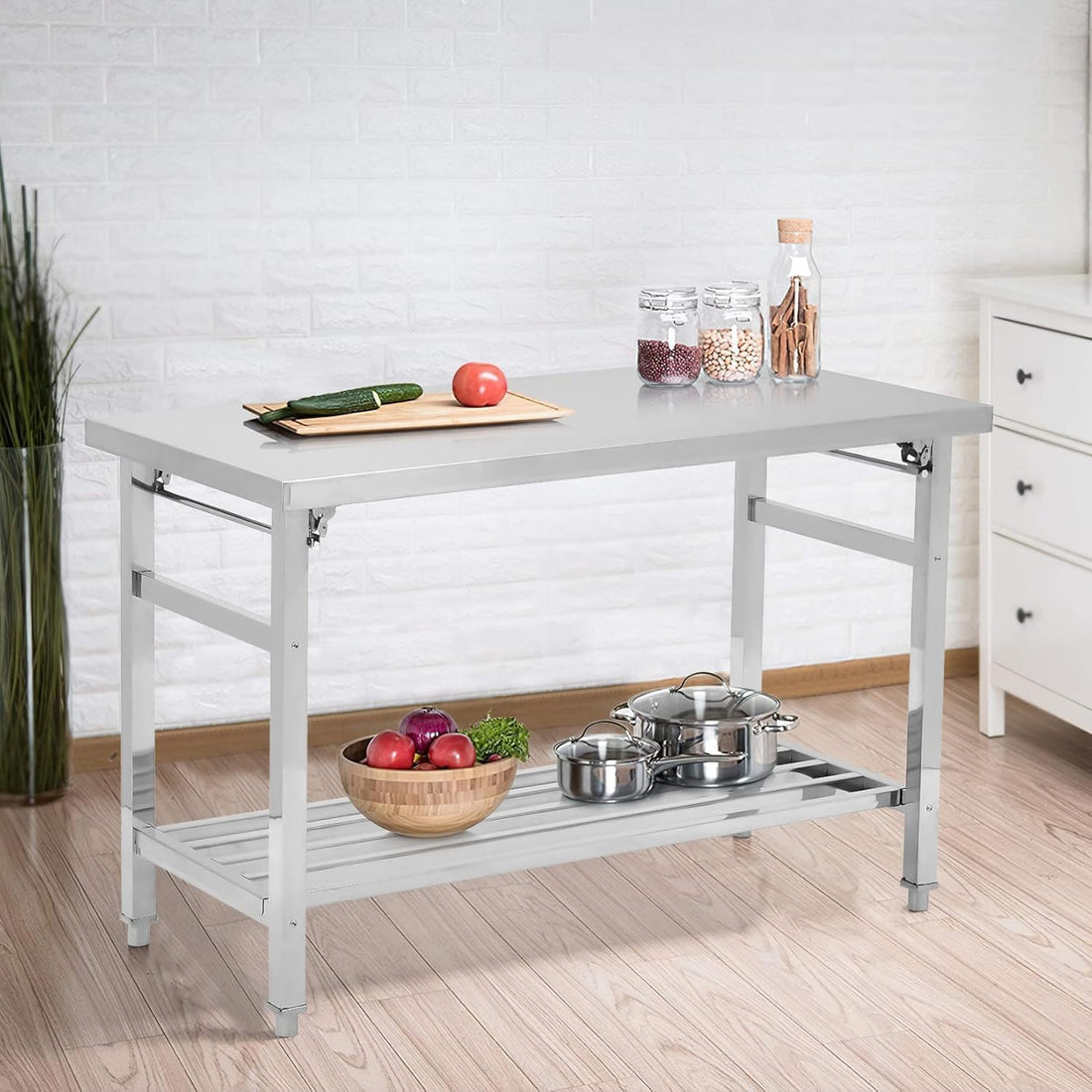 Garvee Table de Travail Pliante en Acier Inoxydable, L. 91 × P. 61 cm, 2 Niveaux avec Étagère Grillagée Réglable, Robuste et Compacte, Sans Roulettes, pour Cuisine, Atelier et Garage