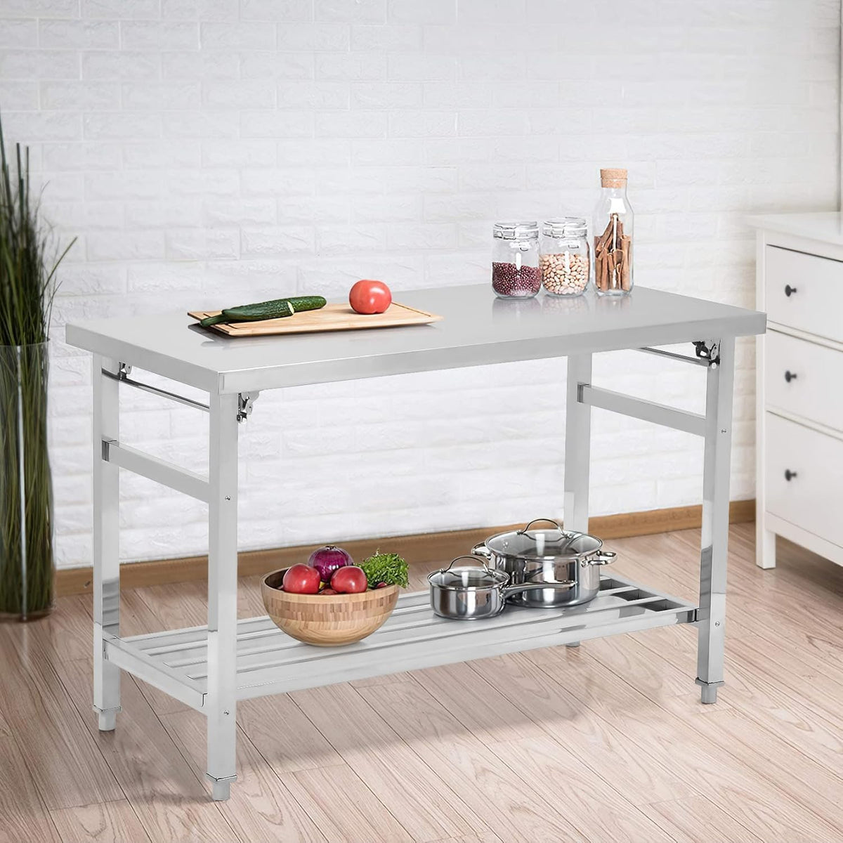 Garvee Table Pliante en Acier Inox 91,4×61 cm, 2 Niveaux, Étagère Réglable, Robuste et Compacte pour Cuisine, Atelier et Garage