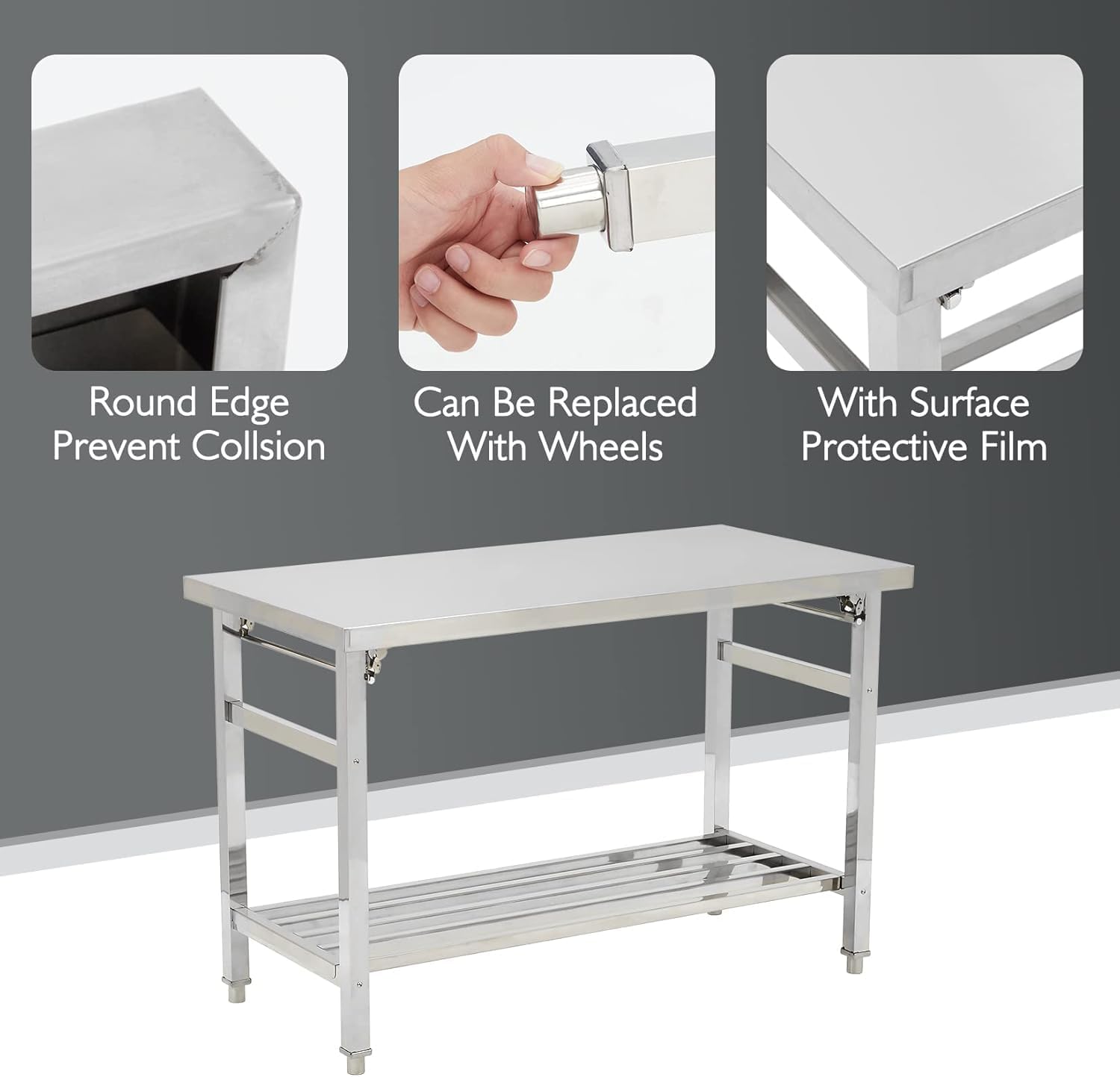 Garvee Table Pliante en Acier Inox 91,4×61 cm, 2 Niveaux, Étagère Réglable, Robuste et Compacte pour Cuisine, Atelier et Garage