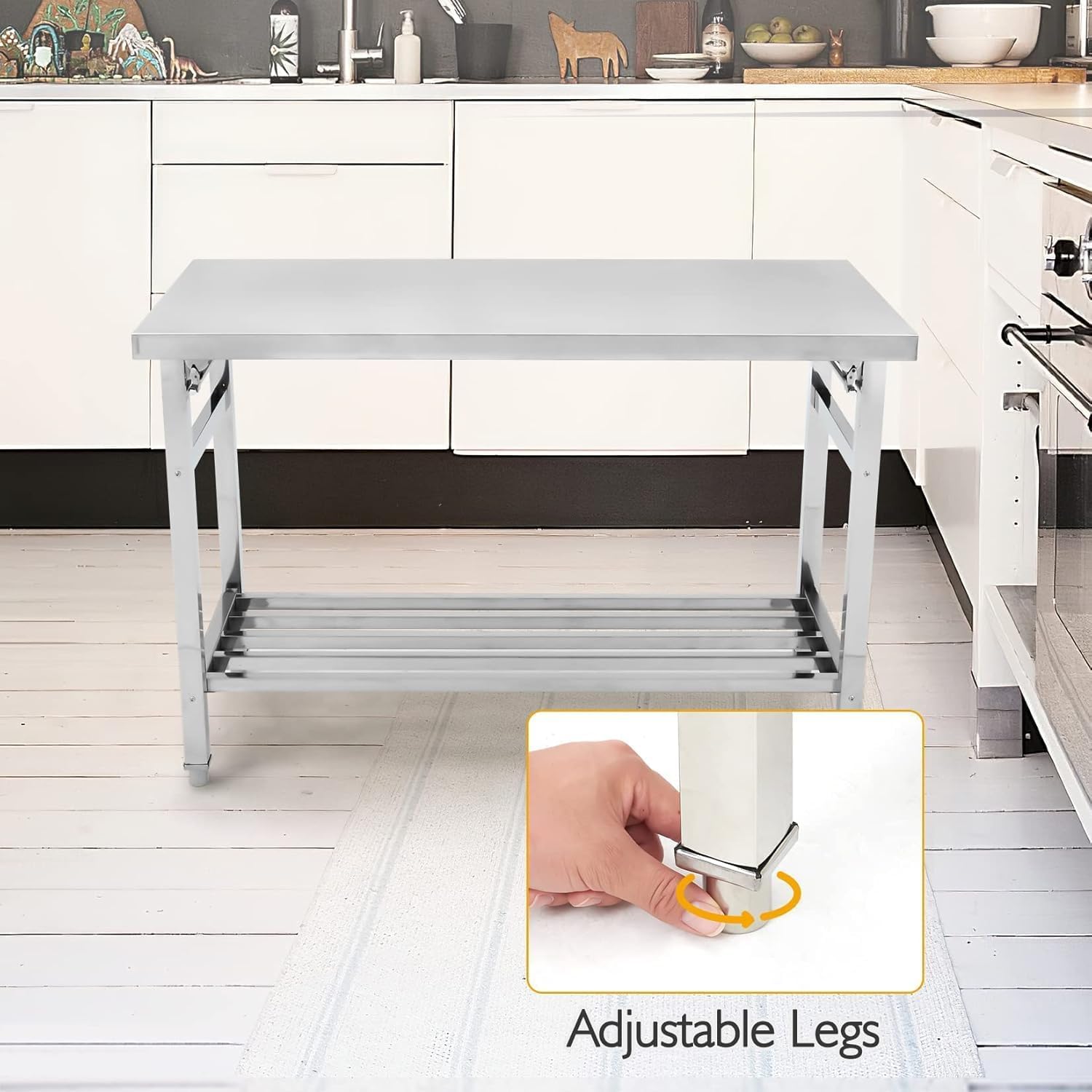 Garvee Table Pliante en Acier Inox 91,4×61 cm, 2 Niveaux, Étagère Réglable, Robuste et Compacte pour Cuisine, Atelier et Garage