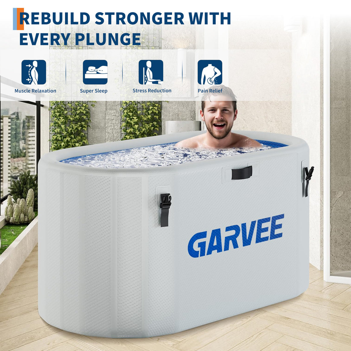 Garvee Bain de Glace 939 L pour Sportifs, Baignoire Ovale Portable en PVC et Fibre de Verre avec Couvercle Isolé, Idéal pour la Récupération Sportive