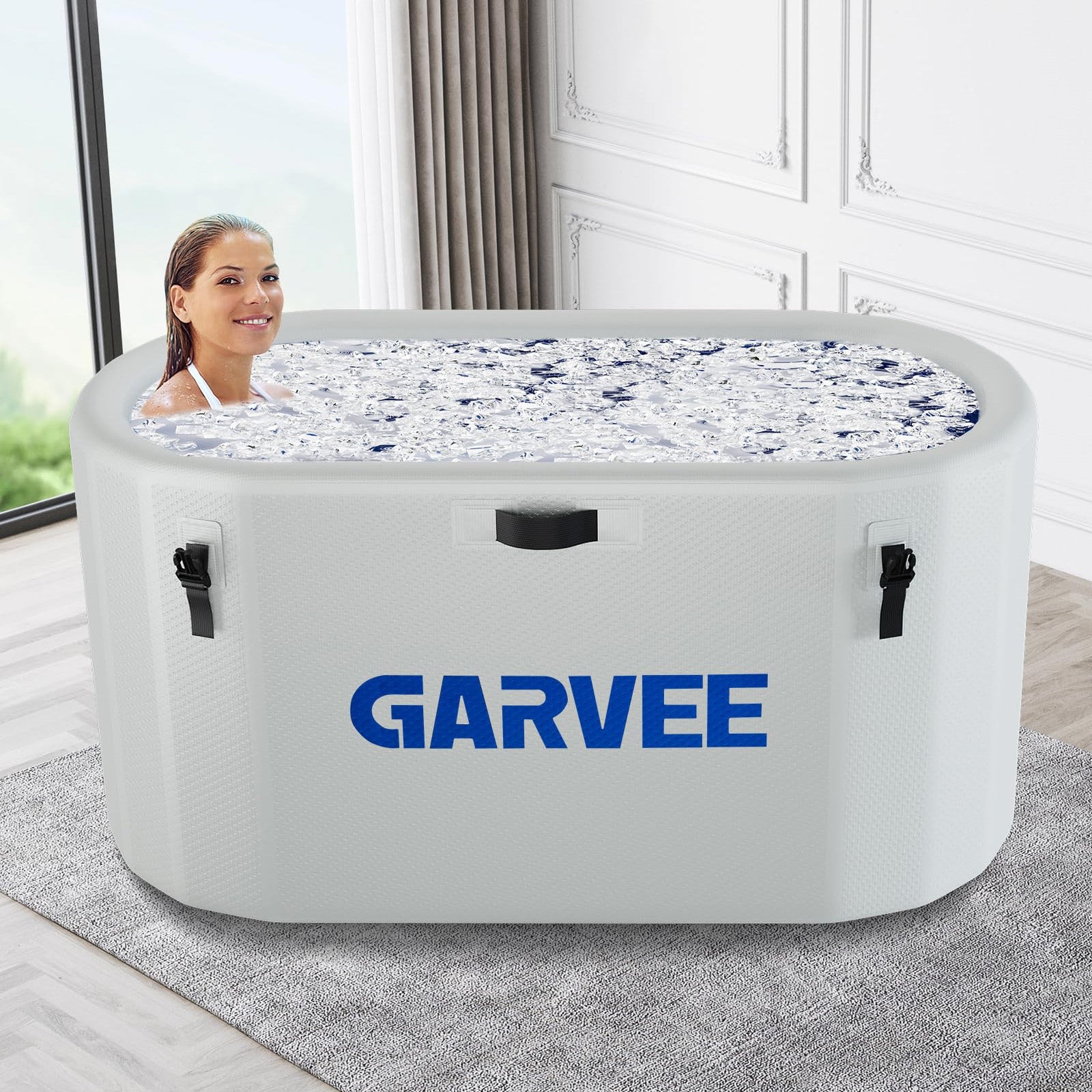 Garvee Bain de Glace 939 L pour Sportifs, Baignoire Ovale Portable en PVC et Fibre de Verre avec Couvercle Isolé, Idéal pour la Récupération Sportive