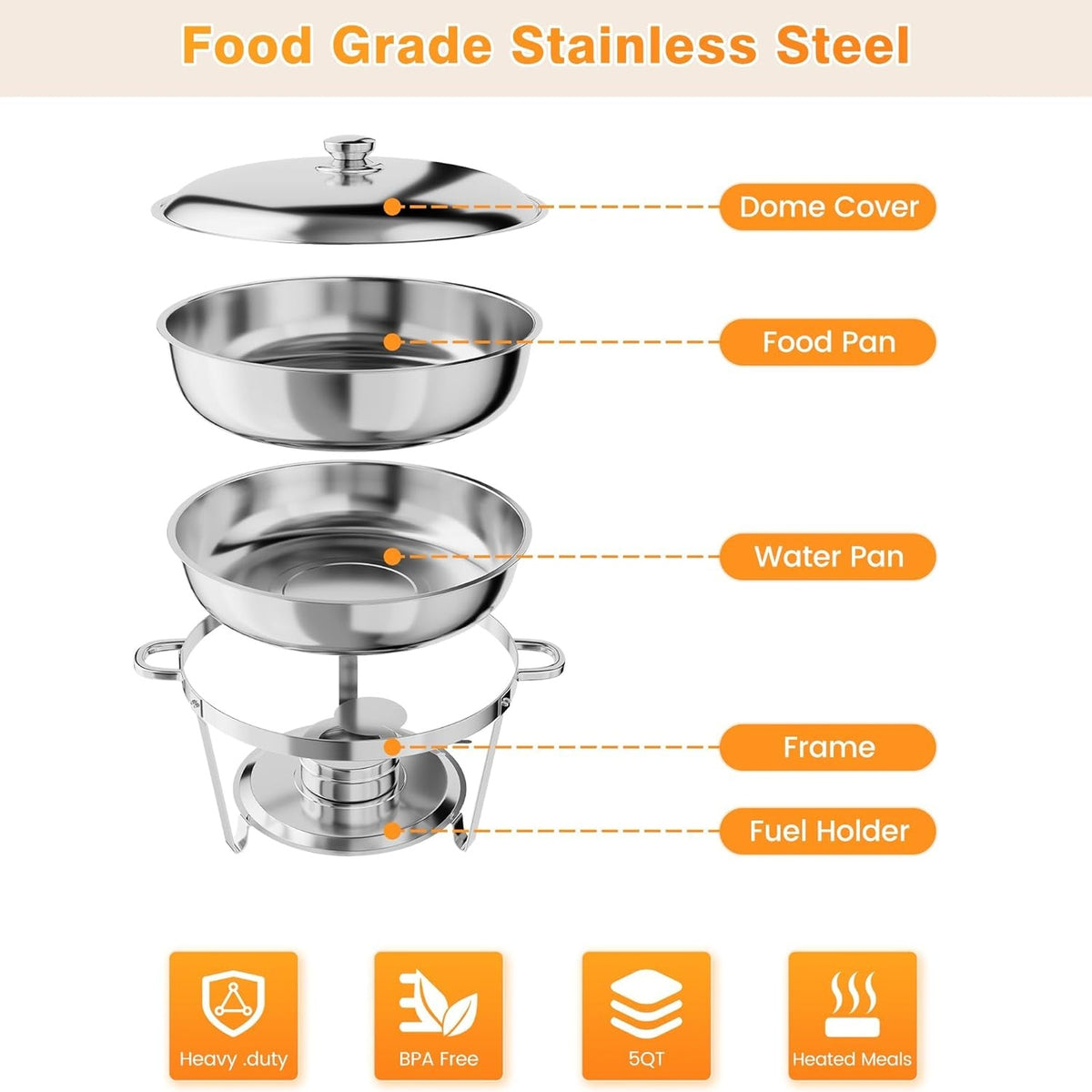Garvee Lot de 4 chauffe-plats professionnels GN 5 L en acier inoxydable, empilables, bain-marie pour buffet et événements