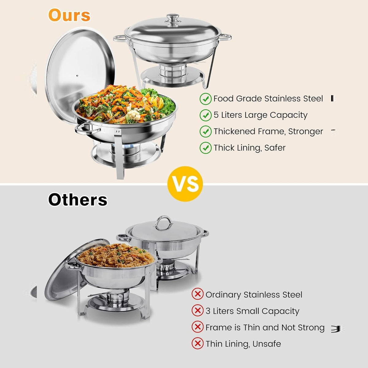 Garvee Lot de 4 chauffe-plats professionnels GN 5 L en acier inoxydable, empilables, bain-marie pour buffet et événements