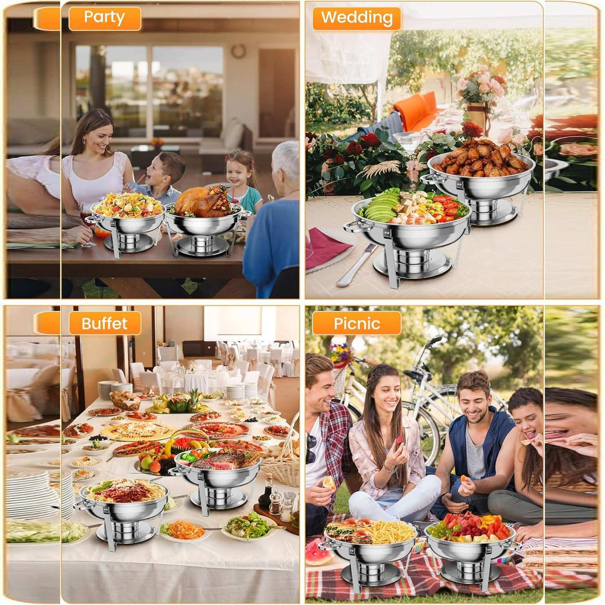 Garvee Lot de 4 chauffe-plats professionnels GN 5 L en acier inoxydable, empilables, bain-marie pour buffet et événements