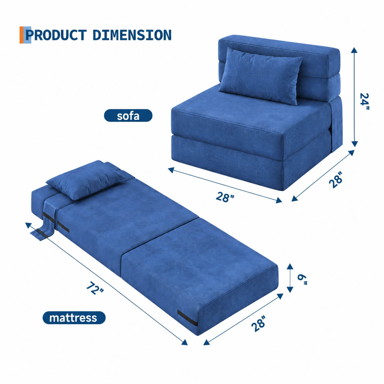 Garvee Matelas Pliant 4 Plis 183 × 71 × 15 cm, Mousse Haute Densité, Housse en Velours Côtelé Lavable, Multifonction, Compact, Bleu Marine, pour Invités, Studio et Camping