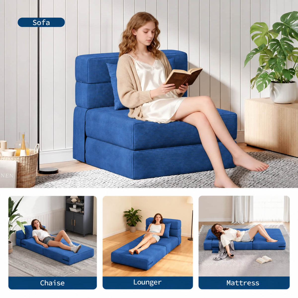Garvee Matelas Pliant 4 Plis 183 × 71 × 15 cm, Mousse Haute Densité, Housse en Velours Côtelé Lavable, Multifonction, Compact, Bleu Marine, pour Invités, Studio et Camping