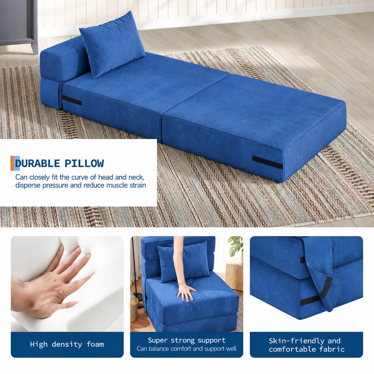 Garvee Matelas Pliant 4 Plis 183 × 71 × 15 cm, Mousse Haute Densité, Housse en Velours Côtelé Lavable, Multifonction, Compact, Bleu Marine, pour Invités, Studio et Camping