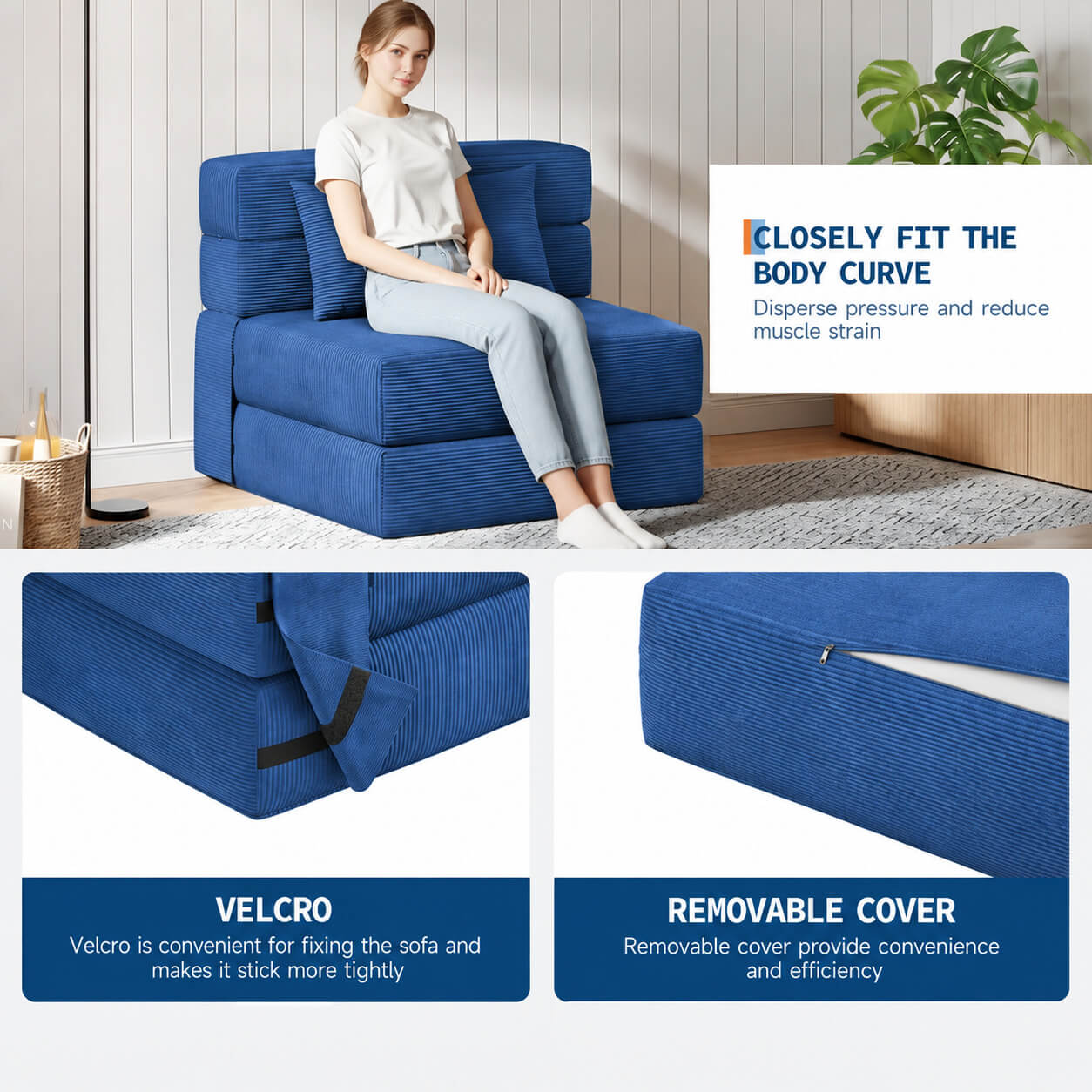 Garvee Matelas Pliant 4 Plis 183 × 71 × 15 cm, Mousse Haute Densité, Housse en Velours Côtelé Lavable, Multifonction, Compact, Bleu Marine, pour Invités, Studio et Camping