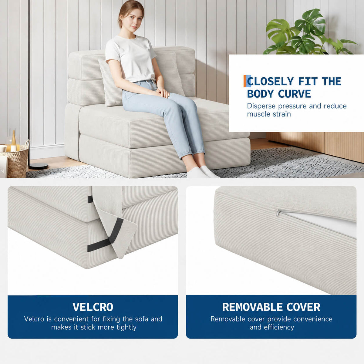 Garvee Bodensofa Pliable Petit Canapé-Lit Sans Cadre Mousse Haute Densité Tissu Beige Pour Salon Et Petites Pièces Compact