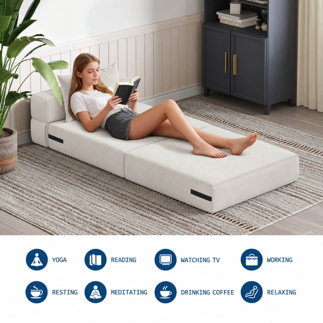 Garvee Matelas Pliant 4 Plis 183 × 71 × 15 cm, Mousse Haute Densité, Housse en Velours Côtelé Lavable, Multifonction, Compact, Beige, pour Invités, Studio et Camping