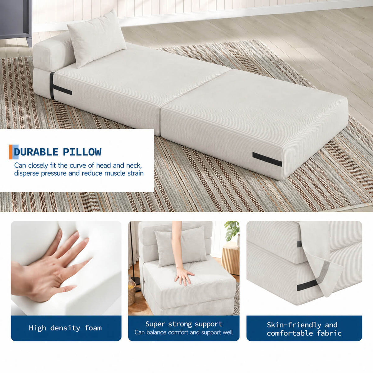 Garvee Bodensofa Pliable Petit Canapé-Lit Sans Cadre Mousse Haute Densité Tissu Beige Pour Salon Et Petites Pièces Compact