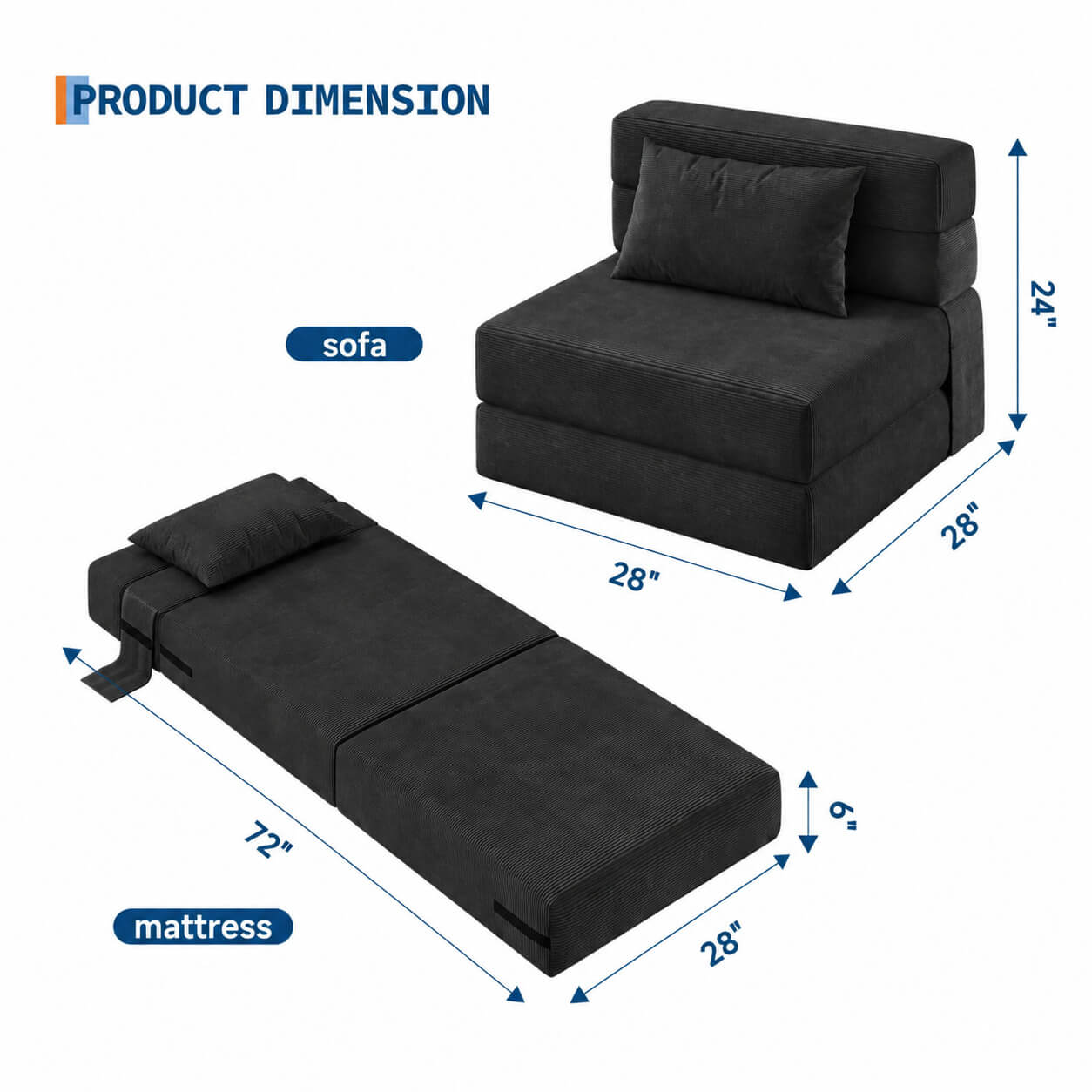Garvee Matelas Pliant 4 Plis 183 × 71 × 15 cm, Mousse Haute Densité, Housse en Velours Côtelé Lavable, Multifonction, Compact, Noir, pour Invités, Studio et Camping