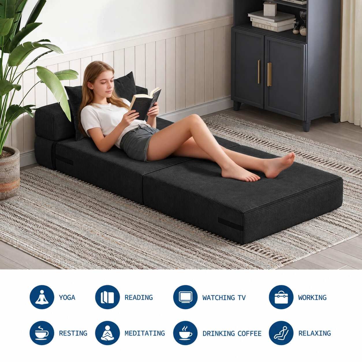 Garvee Matelas Pliant 4 Plis 183 × 71 × 15 cm, Mousse Haute Densité, Housse en Velours Côtelé Lavable, Multifonction, Compact, Noir, pour Invités, Studio et Camping