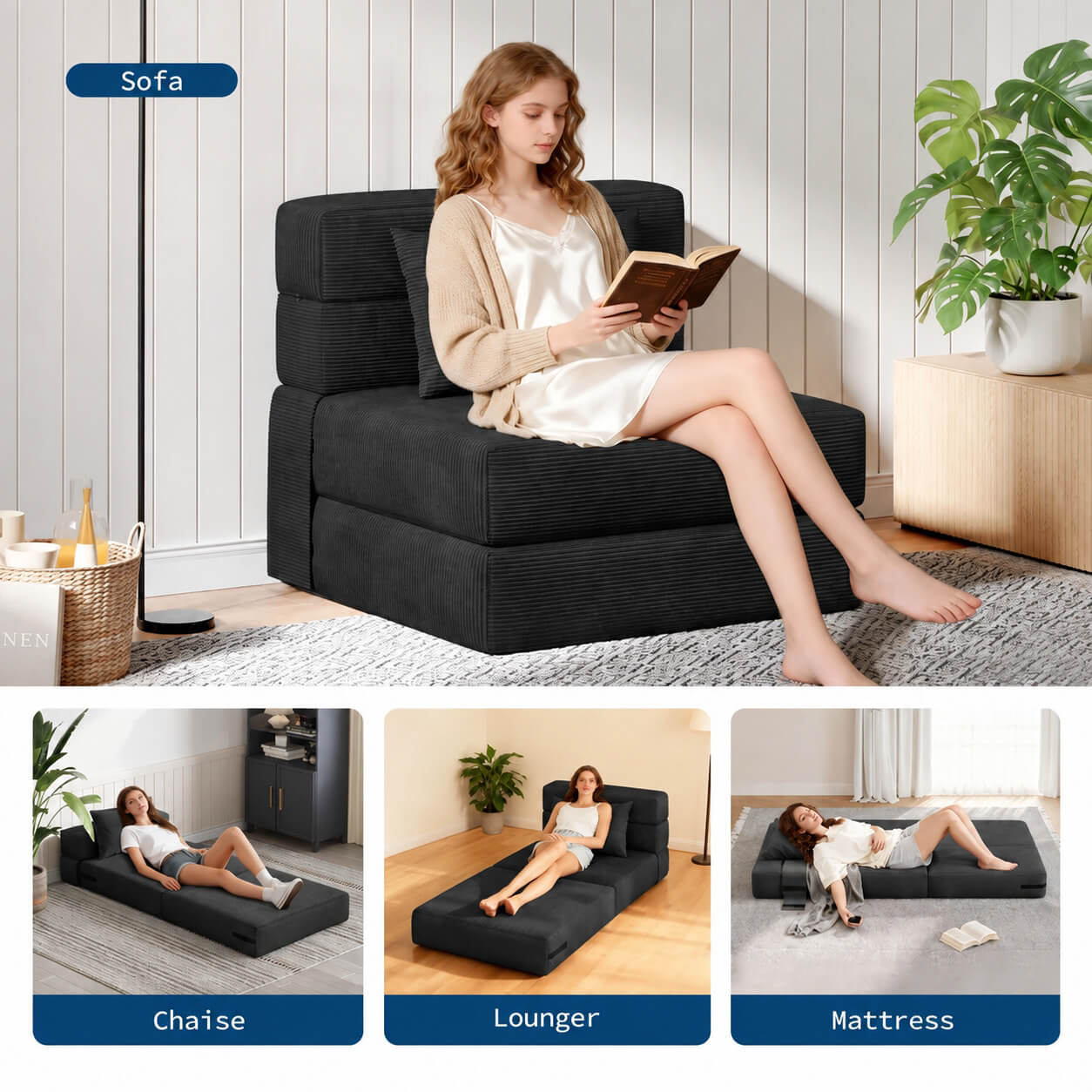 Garvee Matelas Pliant 4 Plis 183 × 71 × 15 cm, Mousse Haute Densité, Housse en Velours Côtelé Lavable, Multifonction, Compact, Noir, pour Invités, Studio et Camping