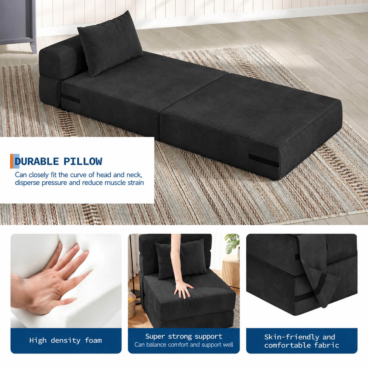 Garvee Matelas Pliant 4 Plis 183 × 71 × 15 cm, Mousse Haute Densité, Housse en Velours Côtelé Lavable, Multifonction, Compact, Noir, pour Invités, Studio et Camping