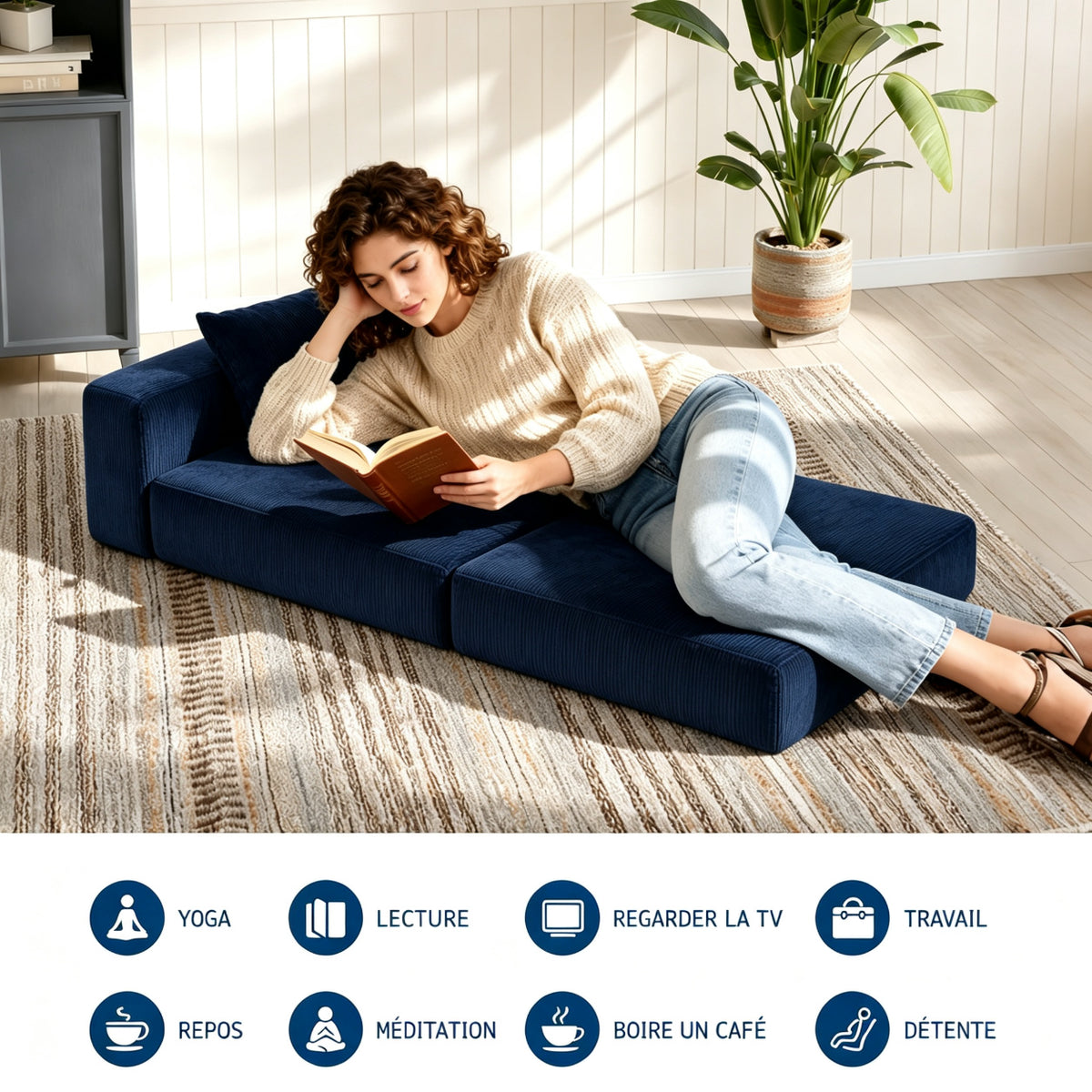 Garvee Canapé-Lit Convertible 2 en 1 avec Coussin, Velours Côtelé, Mousse Haute Densité, Compact et Pliable, Bleu Marine, Taille M, pour Salon et Chambre