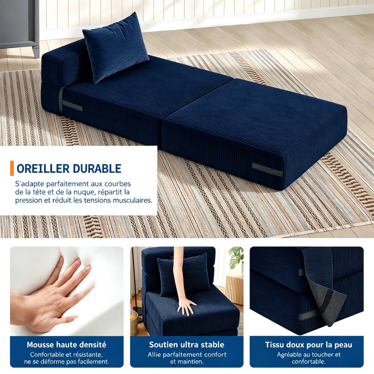Garvee Canapé-Lit Convertible 2 en 1 avec Coussin, Velours Côtelé, Mousse Haute Densité, Compact et Pliable, Bleu Marine, Taille M, pour Salon et Chambre