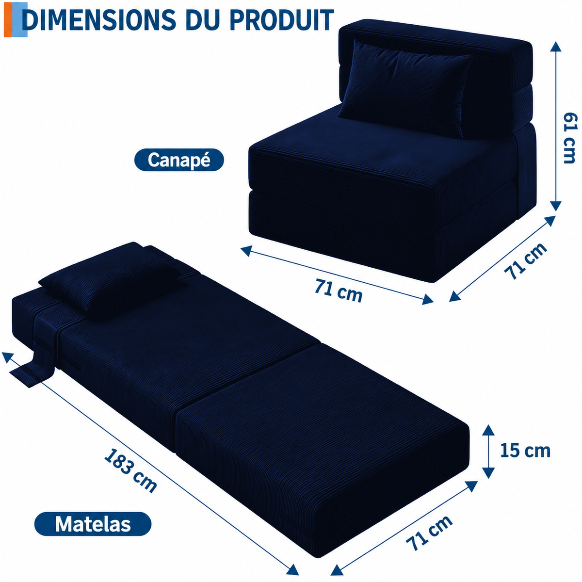 Garvee Canapé-Lit Convertible 2 en 1 avec Coussin, Velours Côtelé, Mousse Haute Densité, Compact et Pliable, Bleu Marine, Taille M, pour Salon et Chambre