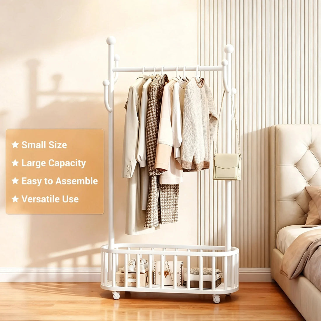Garvee Portant à Vêtements à Roulettes en Métal, L. 100 × H. 175 cm, Roulettes Pivotantes à 360°, Grand Panier de Rangement, pour Chambre et Boutique, Blanc
