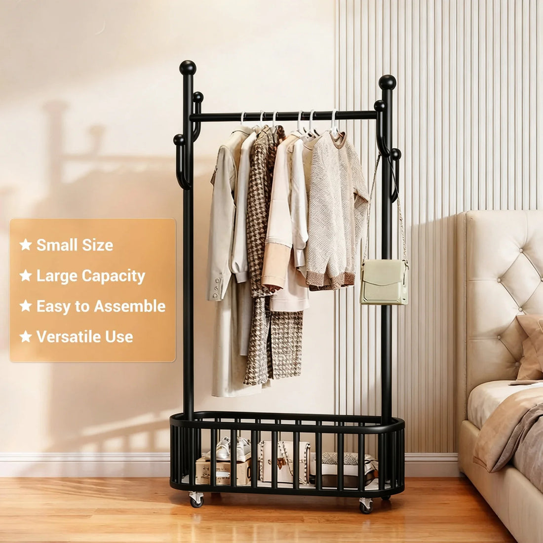 Garvee Portant à Vêtements à Roulettes en Métal, L. 100 × H. 175 cm, Roulettes Pivotantes à 360°, Grand Panier de Rangement, pour Chambre et Boutique, Noir