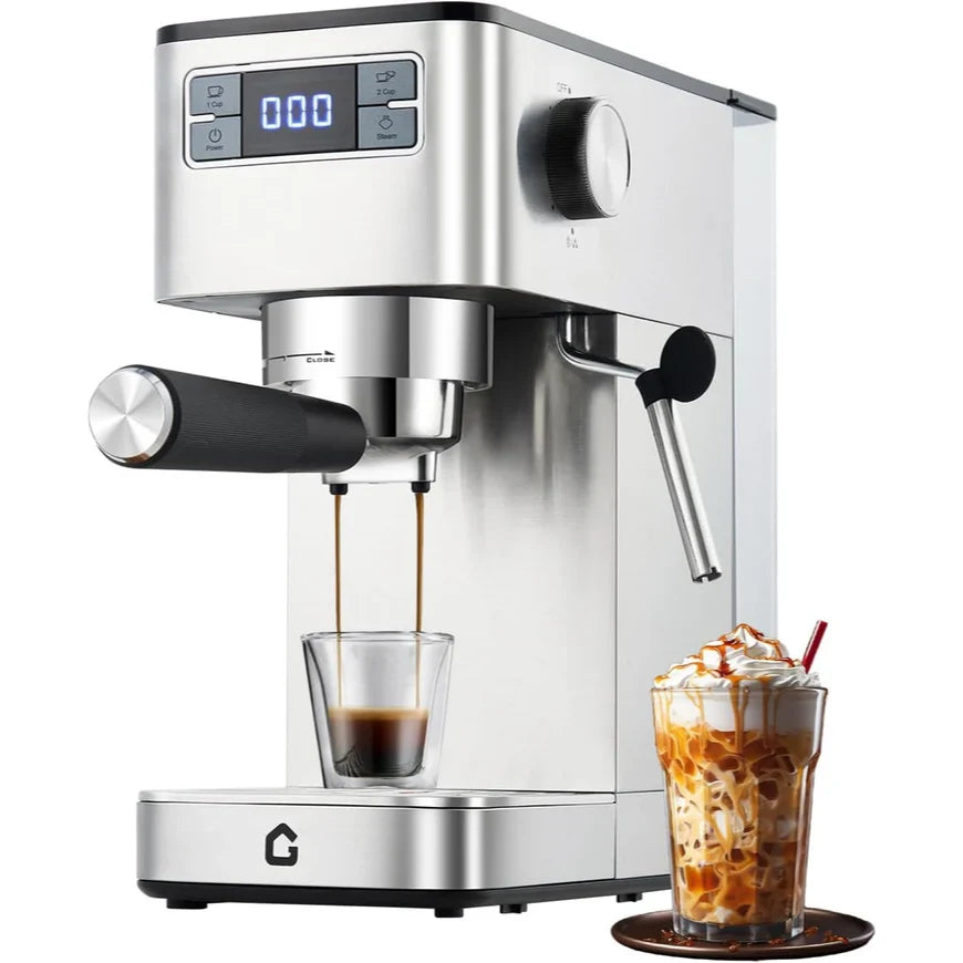 Garvee Machine à Café Expresso 15 Bar Avec Mousseur Lait Intégré Pour Cappuccino & Latte, 1,25L, Acier Inoxydable, Semi-Automatique, Écran Digital, 1350W