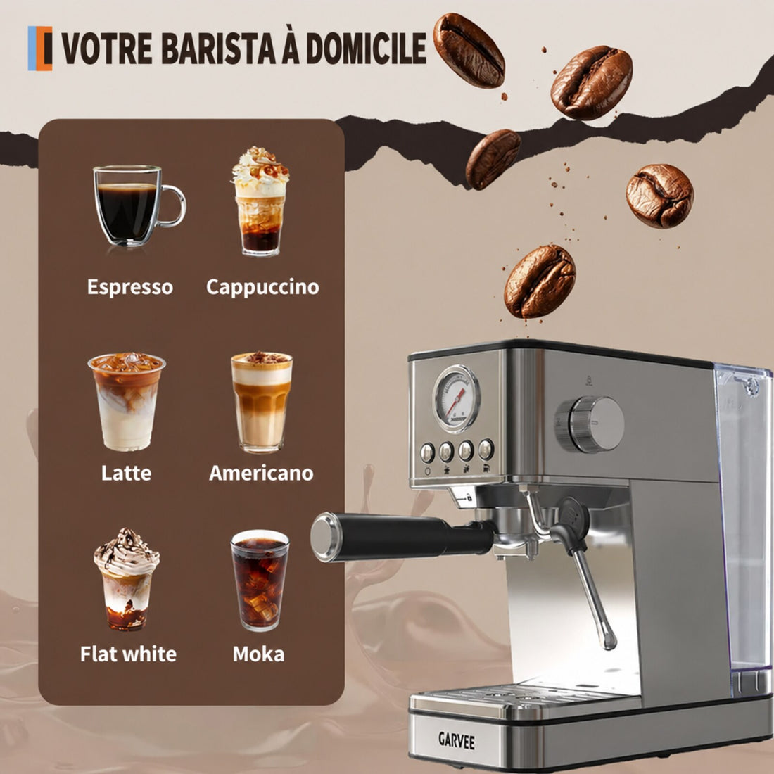 Garvee Machine à Expresso 20 bar avec Thermoblock, 1200 W, Réservoir 1,7 L, Acier Inoxydable, Design Italien