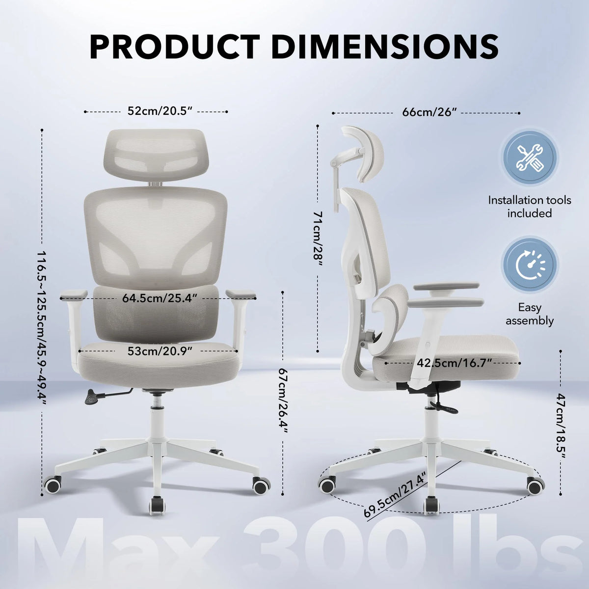Garvee Chaise de Bureau Ergonomique en Maille, Soutien Lombaire Réglable, Accoudoirs 3D, Structure en Métal, Base Thermolaquée Blanche, Hauteur Réglable, Gris