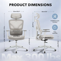 Garvee Chaise de Bureau Ergonomique en Maille, Soutien Lombaire Réglable, Accoudoirs 3D, Structure en Métal, Base Thermolaquée Blanche, Hauteur Réglable, Gris