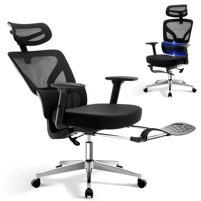 Garvee Chaise de Bureau Ergonomique en Maille avec Soutien Lombaire Réglable, Accoudoirs 3D, Repose-Pieds, Structure en Métal, Hauteur Réglable, Noir