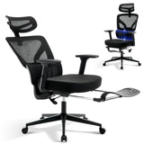 Garvee Chaise de Bureau Ergonomique en Maille avec Soutien Lombaire Réglable, Accoudoirs 3D, Repose-Pieds, Structure en Métal, Hauteur Réglable, Noir - Noir Avec repose-pieds