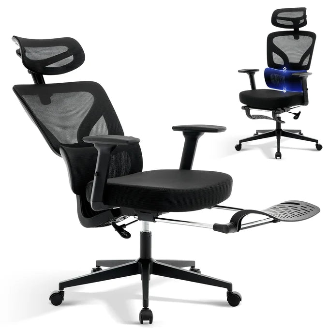 Garvee Chaise de Bureau Ergonomique en Maille avec Soutien Lombaire Réglable, Accoudoirs 3D, Repose-Pieds, Structure en Métal, Hauteur Réglable, Noir
